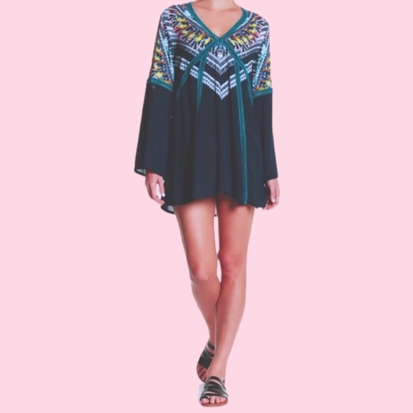 $145 Red Carter Swim Cover Up Small Blue Feather Print Ladder Insert Bell Sleeve - Picture 5 of 16
